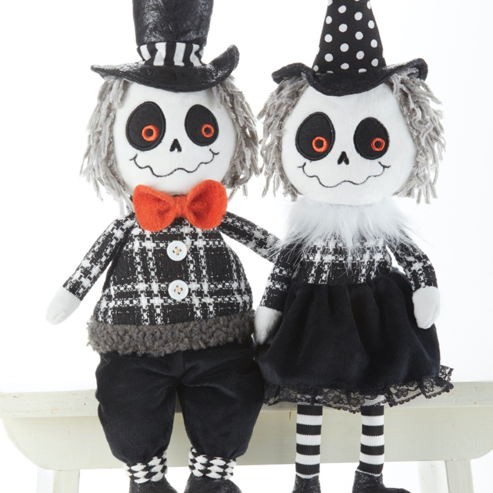 Mr & Mrs Skully Skelton Couple Sitting Rag Doll  Set 2 NEW